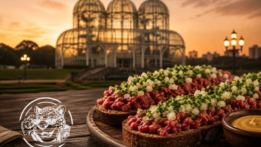 Carne de onça diante da estufa do Jardim Botânico de Curitiba