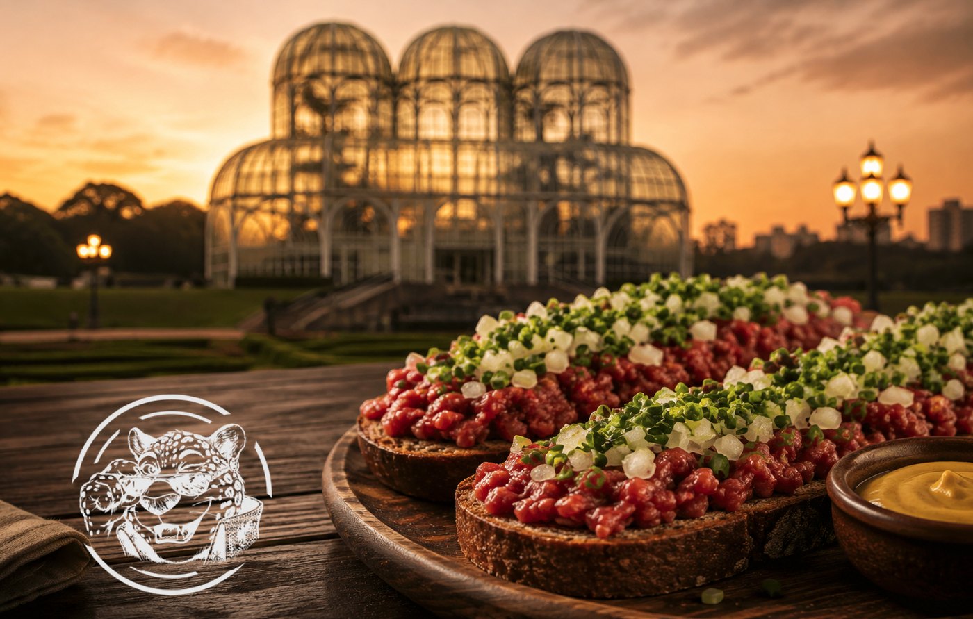 Carne de onça diante da estufa do Jardim Botânico de Curitiba, ao entardecer
